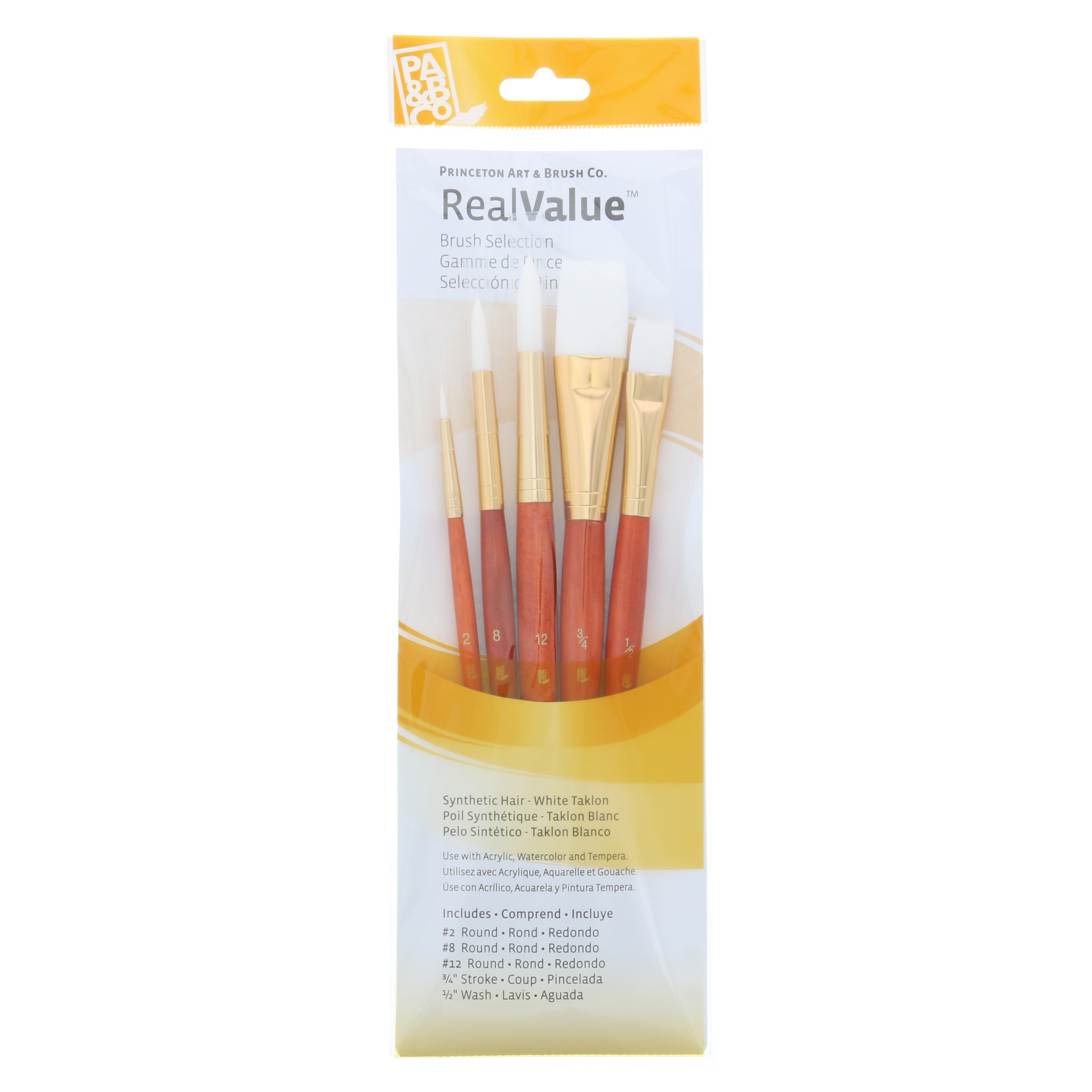 Princeton Brush Real Value 5-Brush White Taklon Brush Set, Round 2, 8, 12, Stroke 3/4, Wash 1/2