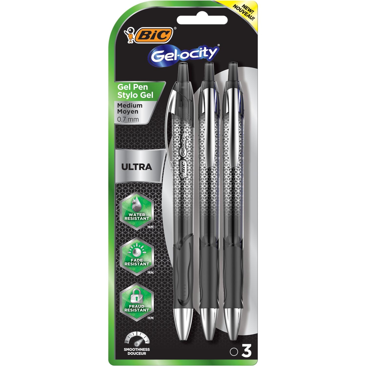 BIC Gelocity Retractable Gel Pen Medium 0.7mm Black 3Pack