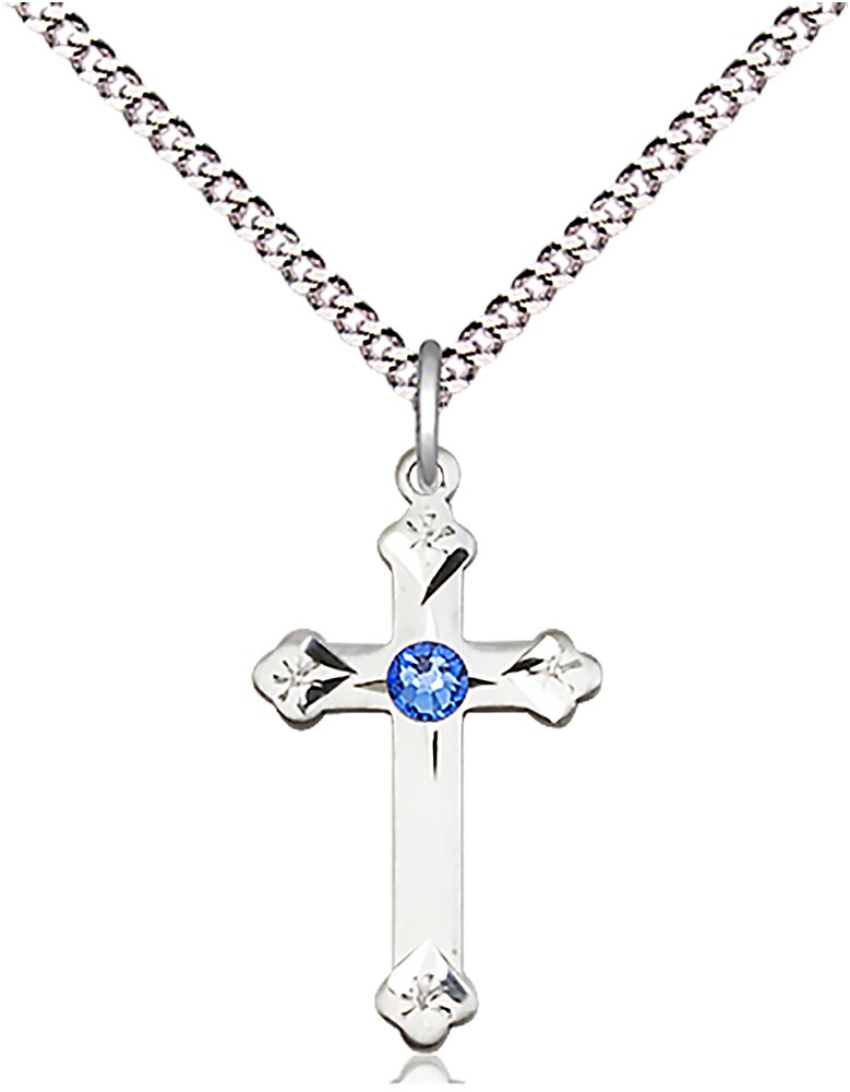Sterling Silver Cross Medal With Dark Blue Stone 3/4 x 1/2 Inch