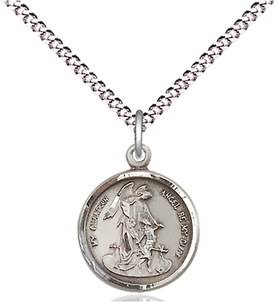 Sterling Silver Guardian Angel Pendant on an 18-inch Light Rhodium Light Curb Chain.  Handmade in the USA