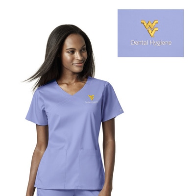 West Virginia Custom Decorated WonderWink PRO Medicine Women's 4 Pocket Wrap Scrub Top, 6519WVU3