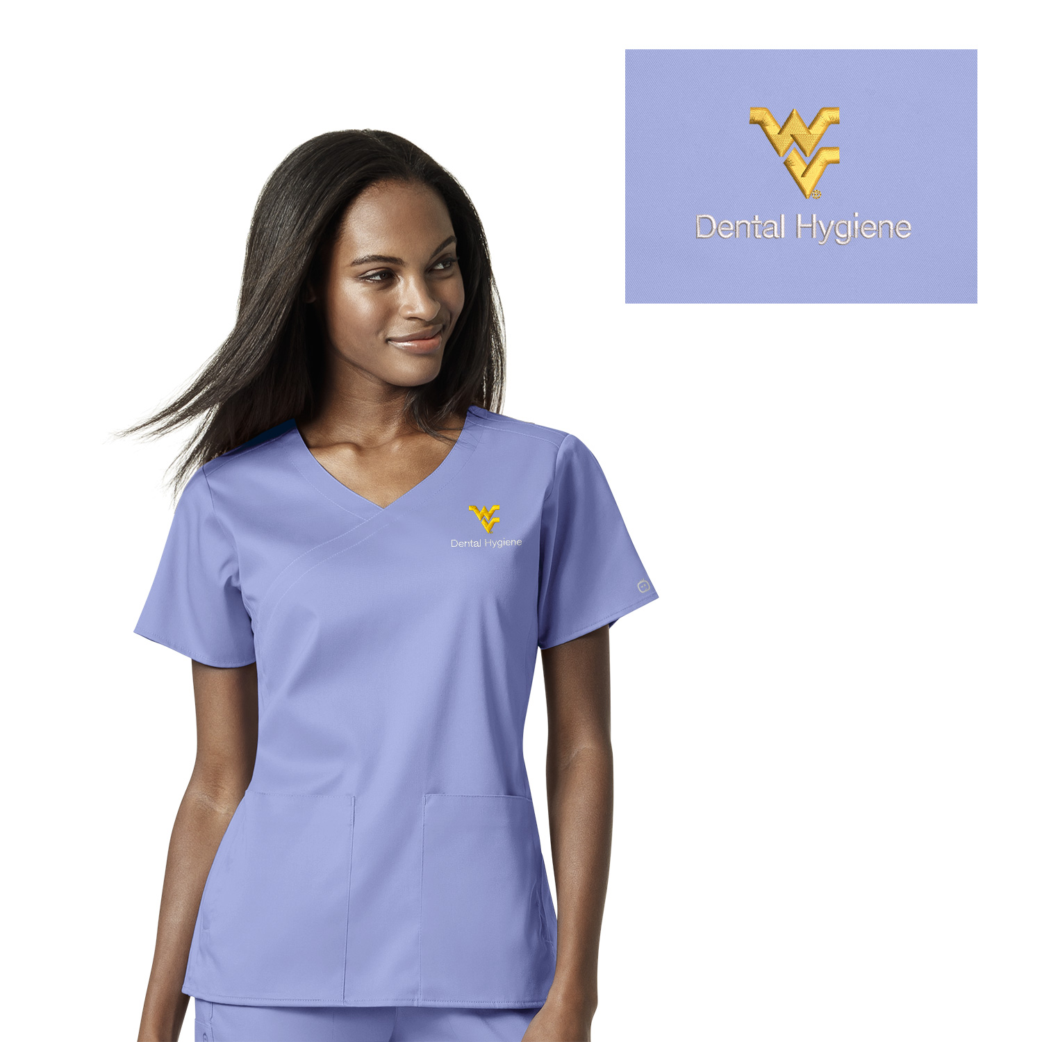 West Virginia's Embroidered WonderWink PRO Dental Hygiene Women's 4 Pocket  Wrap Scrub Top