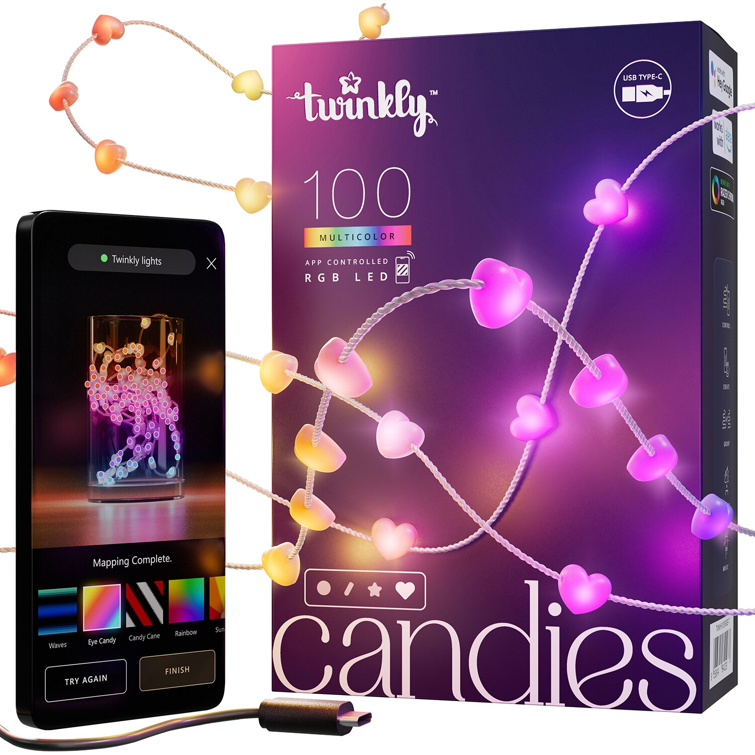 Candies Hearts Smart LED String Lights, 20Ft 100Ct