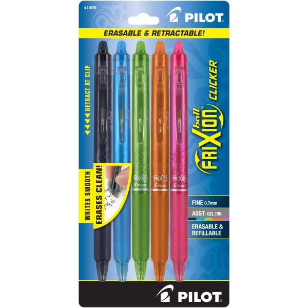 Pilot Frixion Clicker Erasable Gel Pen Fine 0.7mm 5Pack Assorted