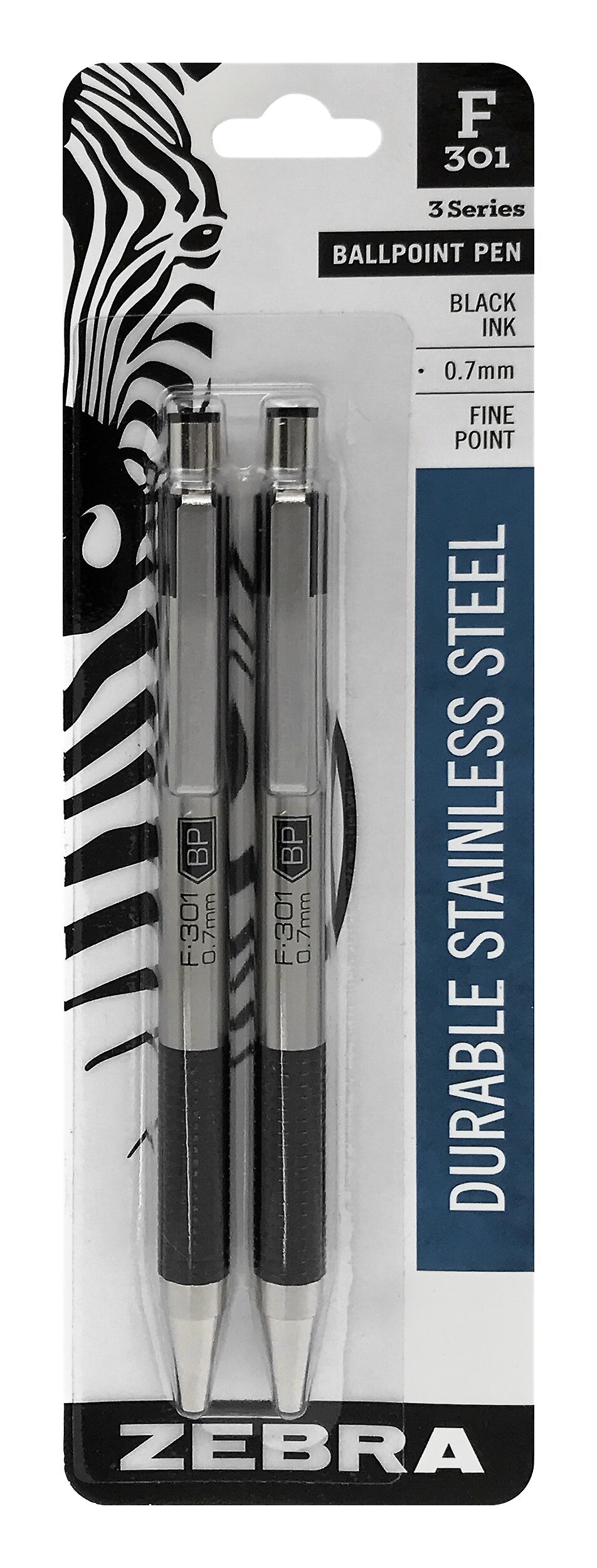 Zebra F301 Ballpoint Retractable Pen 0.7mm Black 2Pack