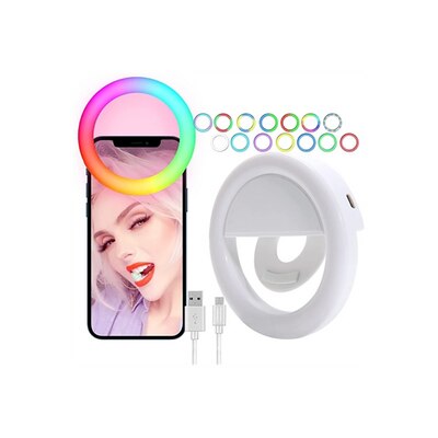 Clip-On Multi Color Selfie Light for your Smartphones. it has 16 color light modes, 3 LED's, and a rechargeable battery.