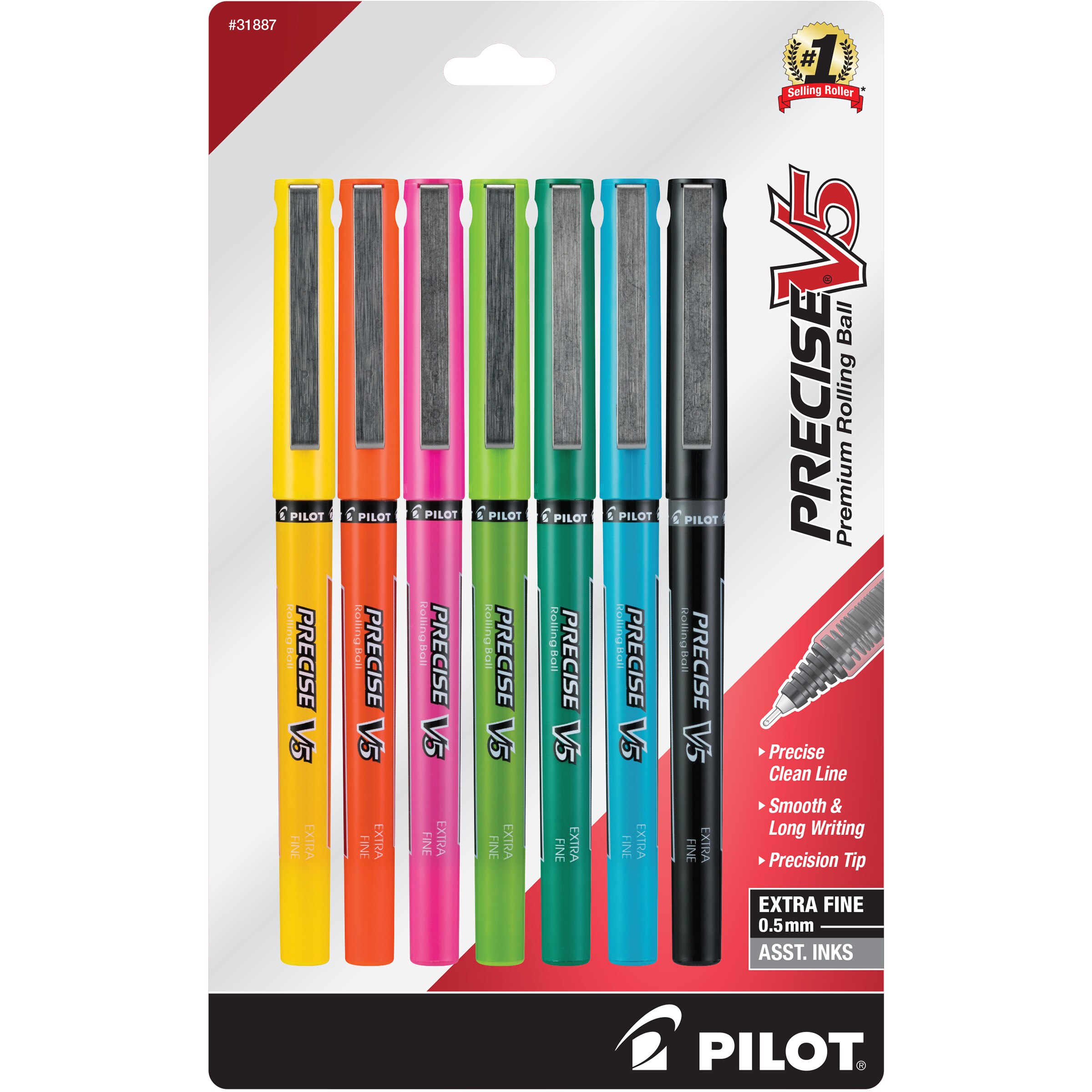 Pilot Precise V5 Stick Rolling Ball Pen Extra Fine 0.5mm 7Pack Assorted