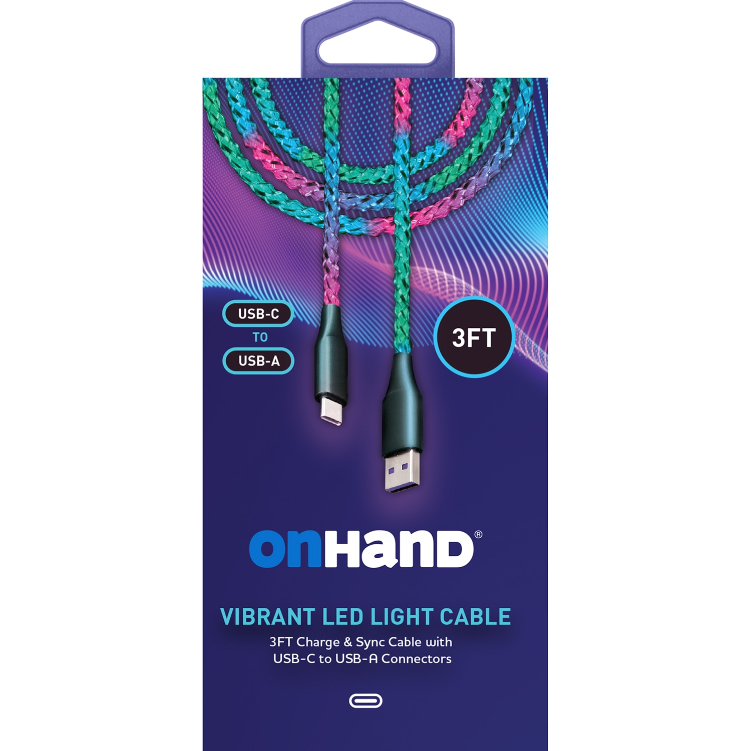 OnHand Vibrant  USB-A to USB-C LED Light Charge & Sync Cable 3ft