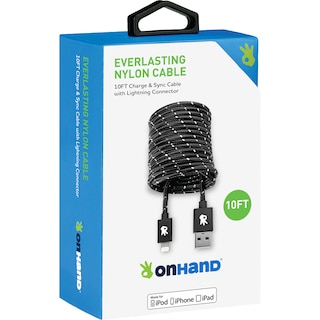 OnHand Everlast Nylon Lightning Cable 10ft Black