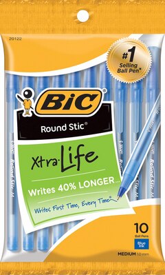 BIC Round Stic Xtra Life Ball Pen Medium 1.0mm Blue Ink 10 Count