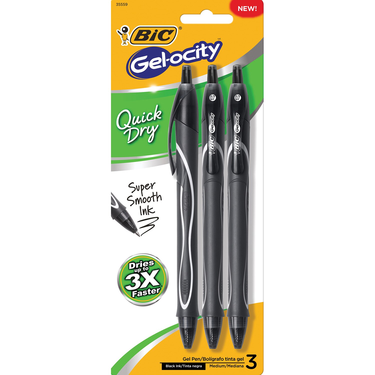 BIC Gelocity Quick Dry Retractable Gel Pen Medium Point 0.7mm Black 3Pack