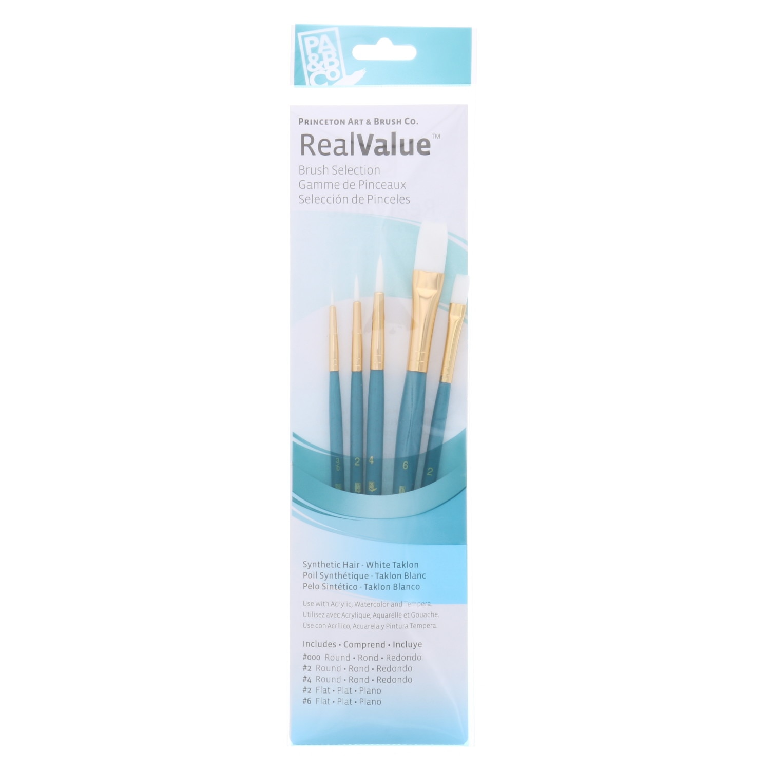 Princeton Brush Real Value 5-Brush White Taklon Brush Set, Round 3/0, 2, 4, Flat 2, 6