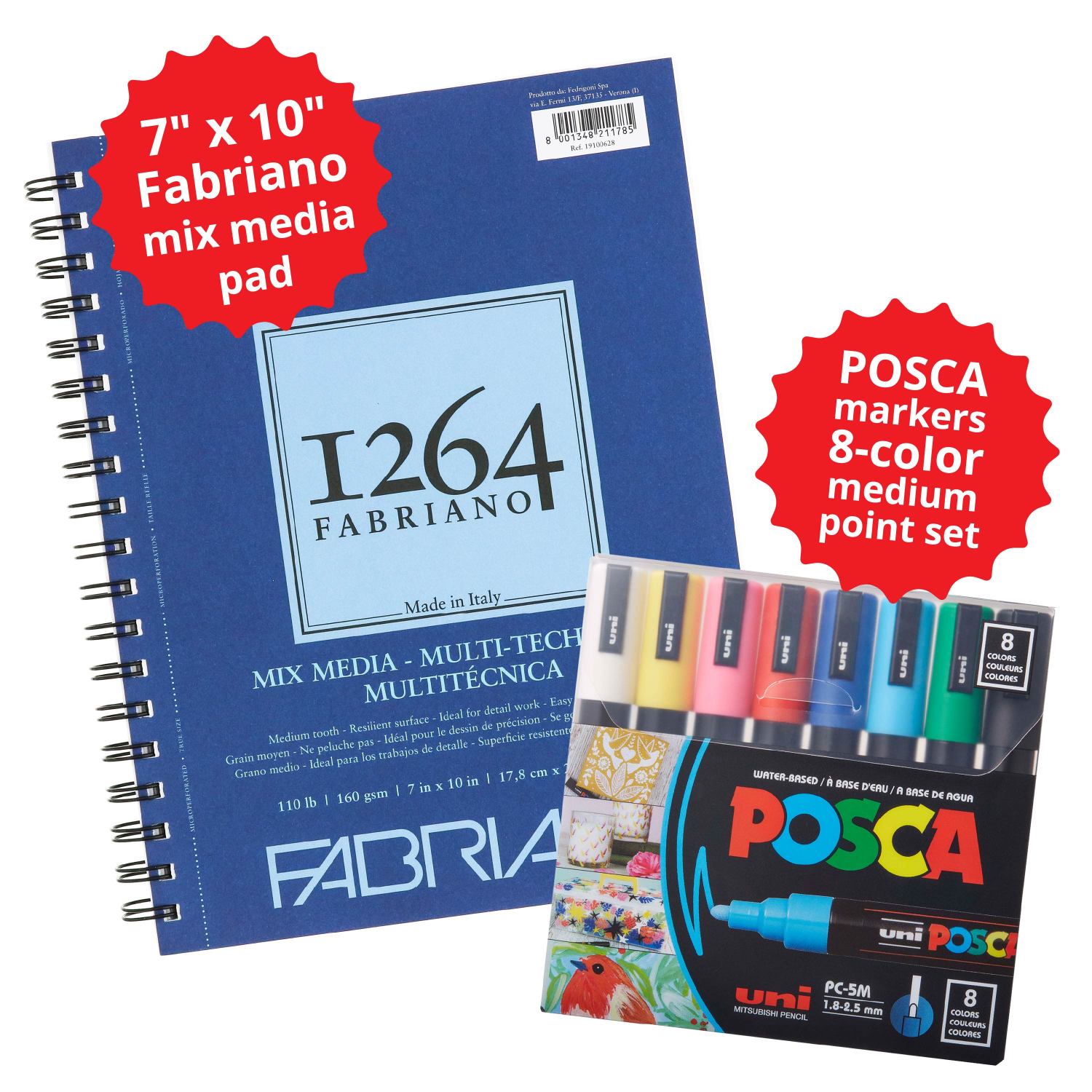 Fabriano 1264 Mixed Media Pad, and POSCA Marker 8-Color PC-5M Medium Pt Bundle