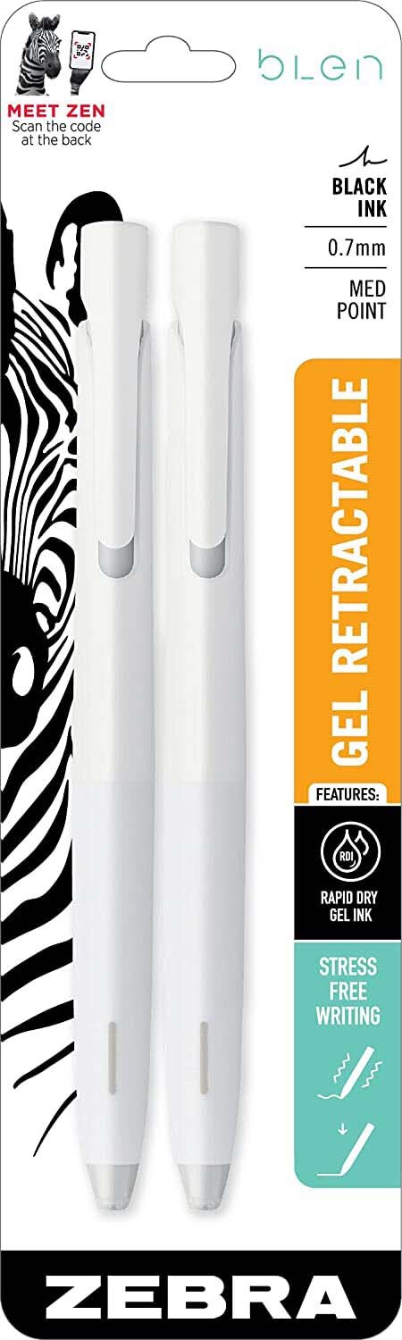 Blen Retractable Gel Pen 0.7mm Black Ink White Barrel 2Pk