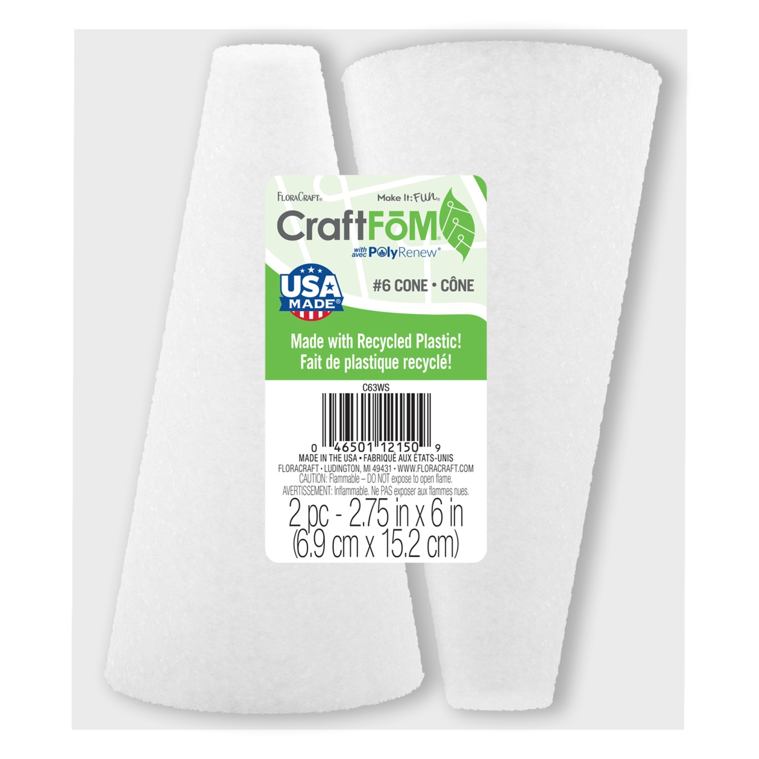 FloraCraft Styrofoam Cones, 6" x 3", 2/Pkg.