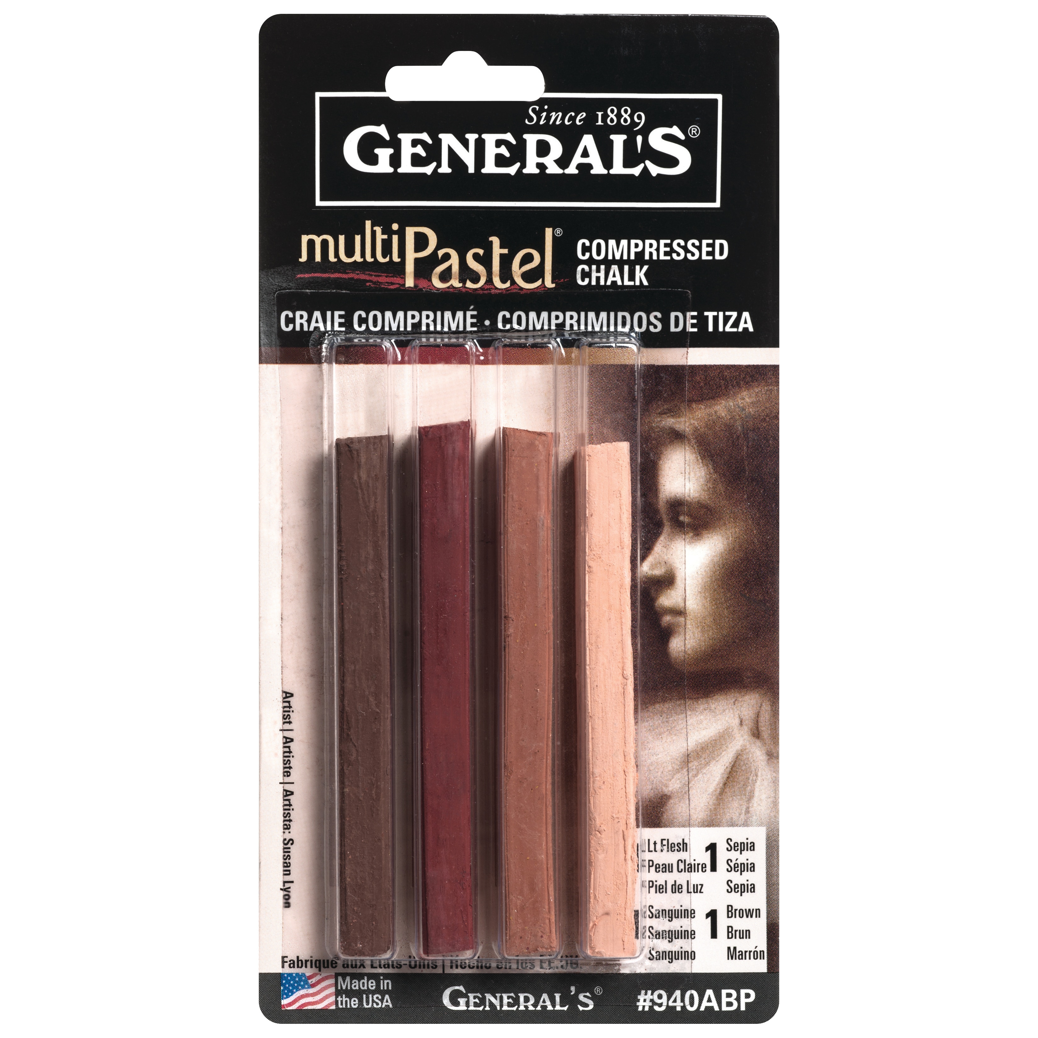 General Pencil Compressed Pastel Chalk Set, 4-Colors, Earth & Flesh Tones