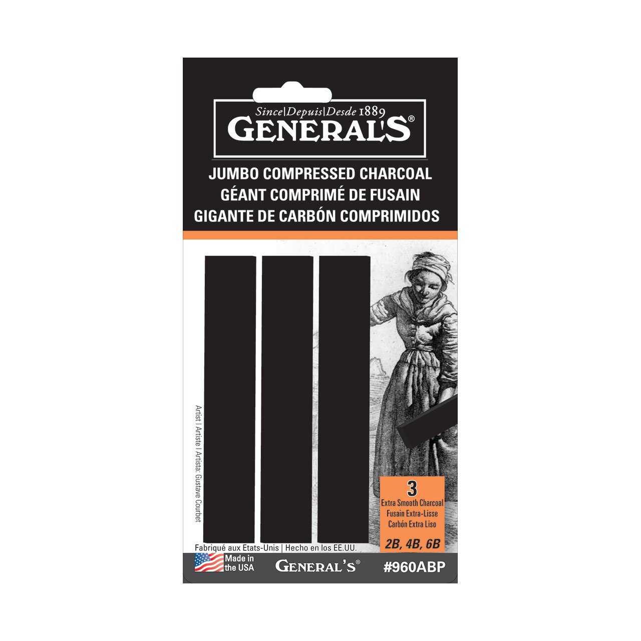 General Pencil Jumbo Compressed Charcoal Set, 3-Sticks