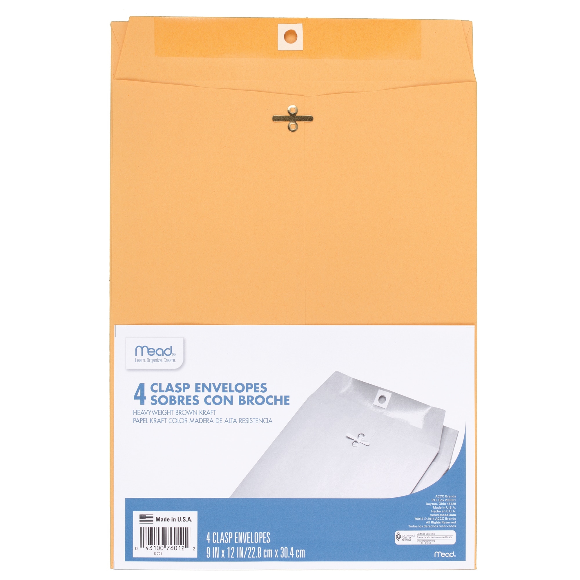 Mead Clasp Envelopes, 9" x 12", Brown Kraft, 4 Count