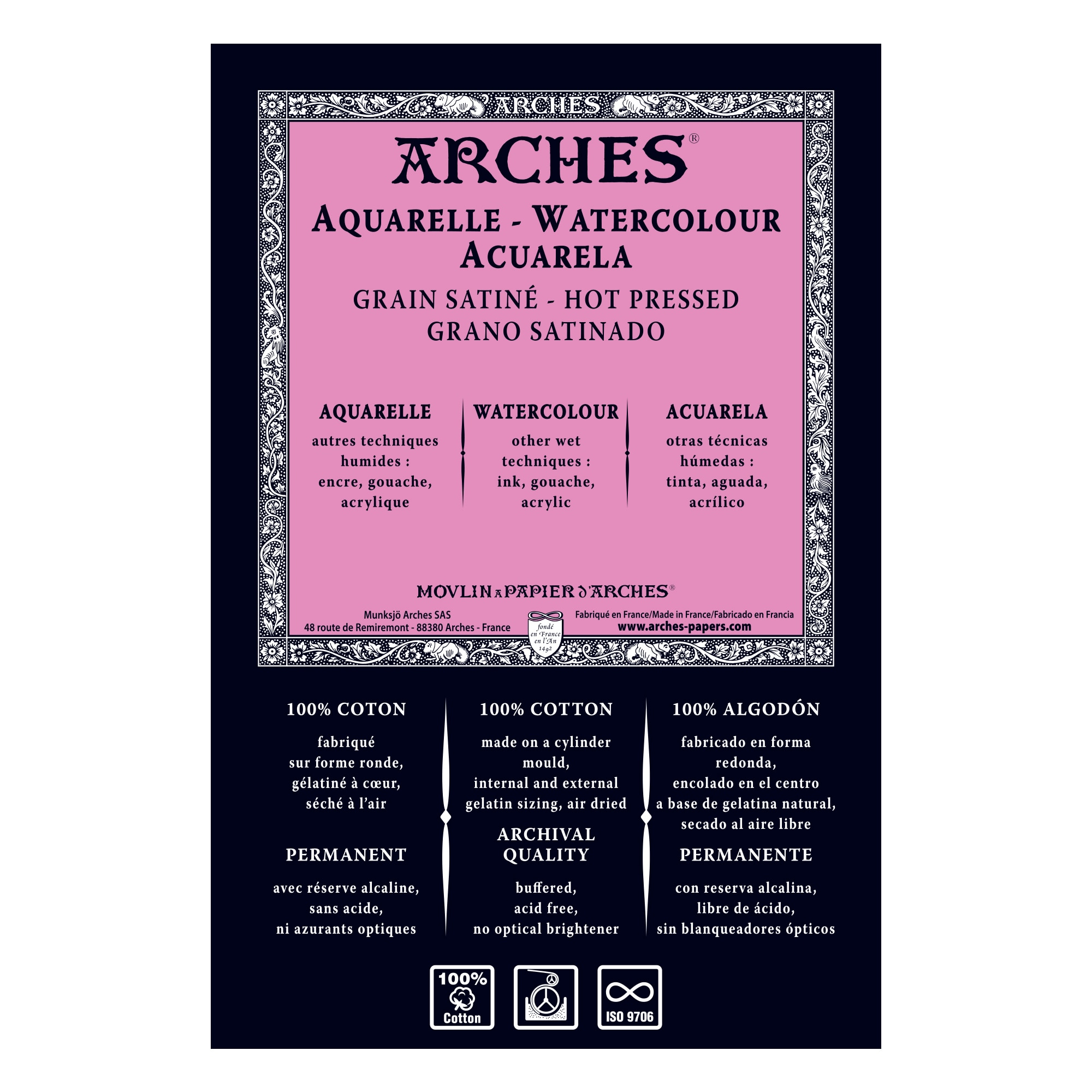 Arches Natural White Watercolor Sheet, Hot-Pressed, 22" x 30", 140 lb., 10 Sheets