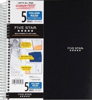 Five Star Wirebound Notebook 5 Subject College Ruled 11 x 8 12 Assorted Colors 200 ct