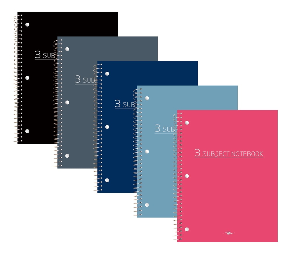 Three Subject Spiral Notebook, College Ruled, 3 Hole Punch, Perforated, 10.5" x 8", 120 Sheets, Assorted Poly Covers