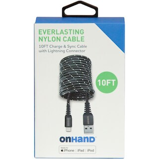 OnHand Everlast Nylon Lightning Cable 10ft Black