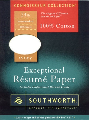 Southworth Resume Paper, 100% Cotton, 8.5 x 11, 24lb/90 GSM, Wove Finish,  Ivory, 100 Sheets