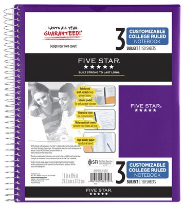 Five Star Customizable Wirebound Notebook 3 Subject College Ruled 11 x 8 12 Assorted Colors