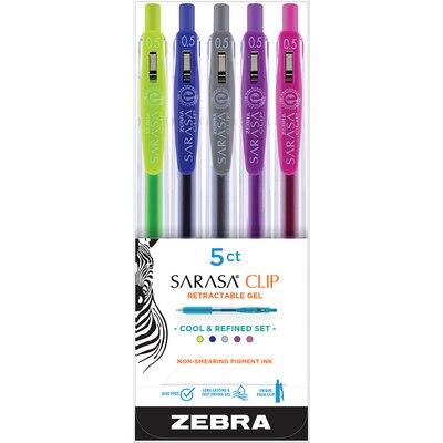 Zebra Sarasa Clip Retractable Gel Pen Cool & Refined Set 0.5mm Assorted Colors 5Pack