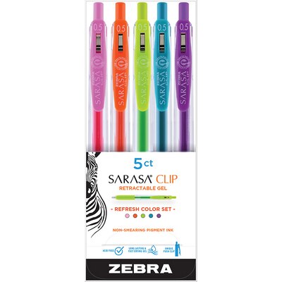 Zebra Sarasa Clip Retractable Gel Pen Refresh Color Set 0.5mm Assorted Colors 5Pack