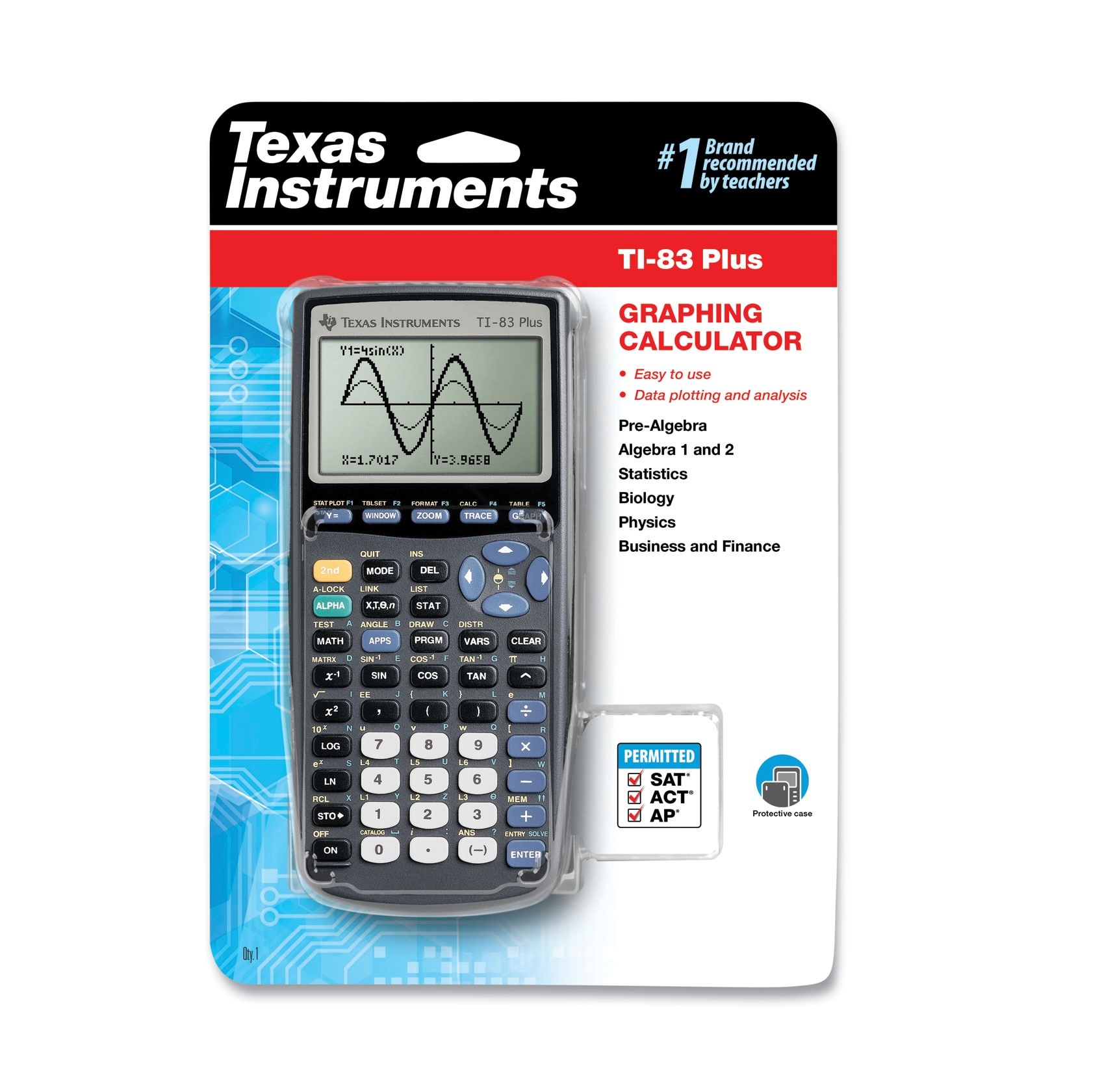 The TI-83 Plus is an easy-to-use graphing calculator for math and science that lets students graph and compare functions, as well as perform data plotting and analysis. Its FLASH ROM memory allows students to update and add software applications