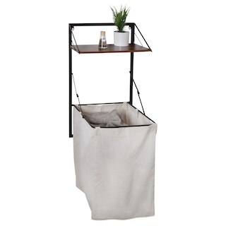 Collapsible Wall-Mounted Clothes Hamper with Canvas Laundry Bag and Wood Shelf