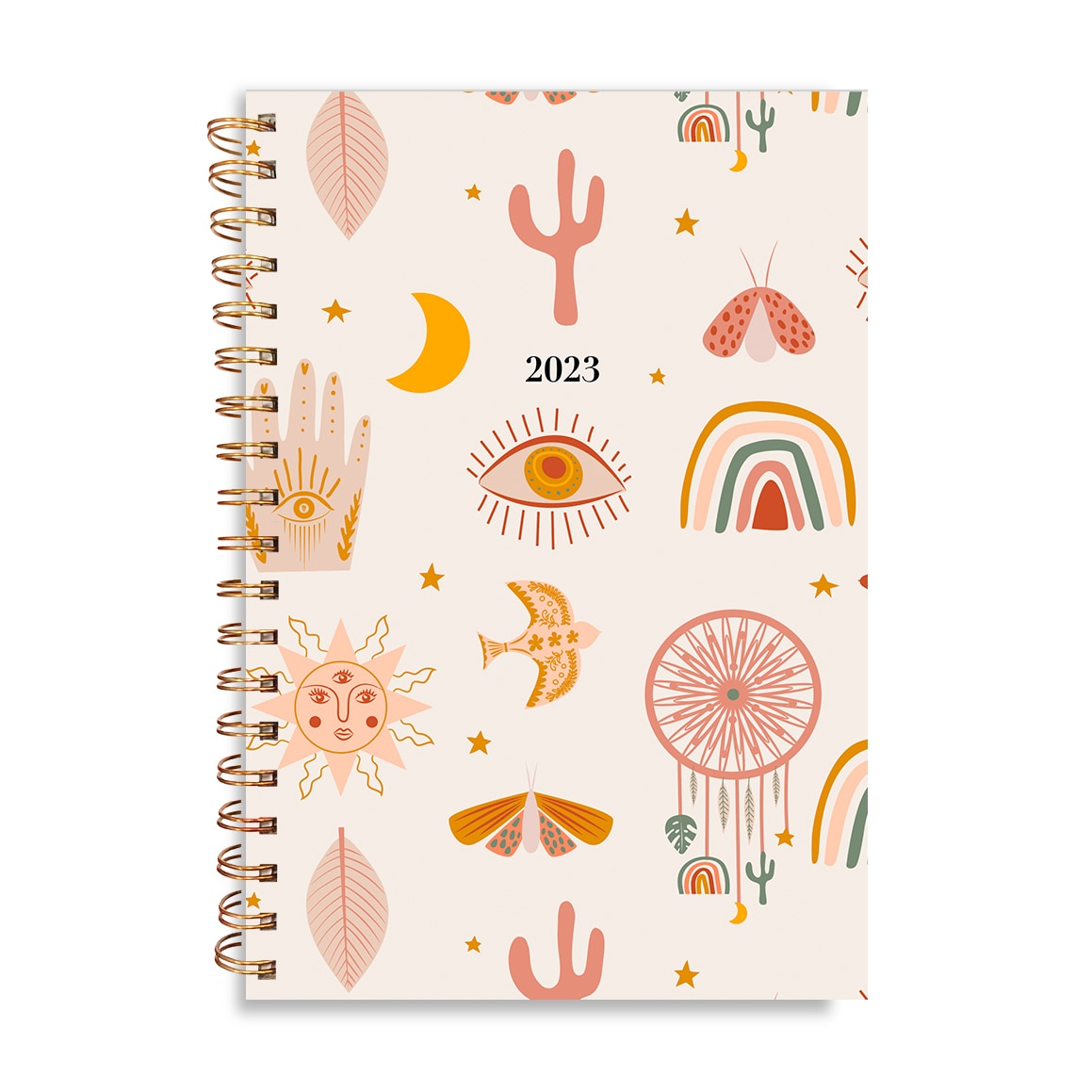 2022 - 2023 Large Delux Boho Planner,  Paper cover twin-ring spiral planner with mylar tab dividers