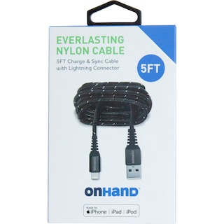 OnHand Everlast Nylon Lightning Cable 5ft Black