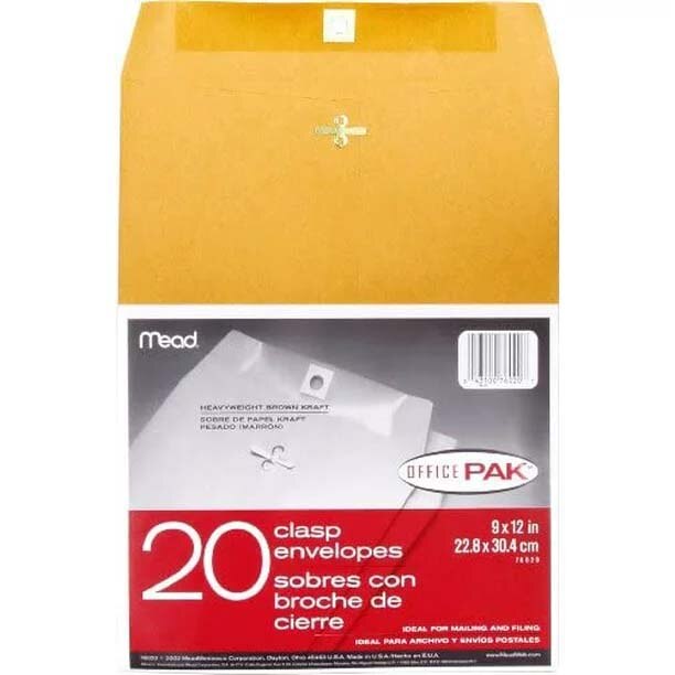 Mead Clasp Envelopes, 9" x 12", Brown Kraft, 4 Count