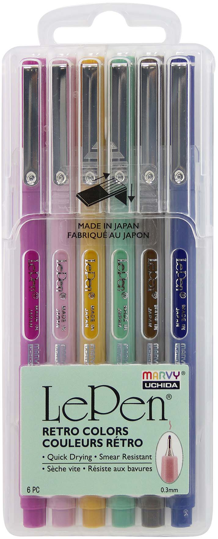 Le Pen 6 Piece Set Retro: Magenta Pale Mauve Mustard Jade Green Sepia Navy
