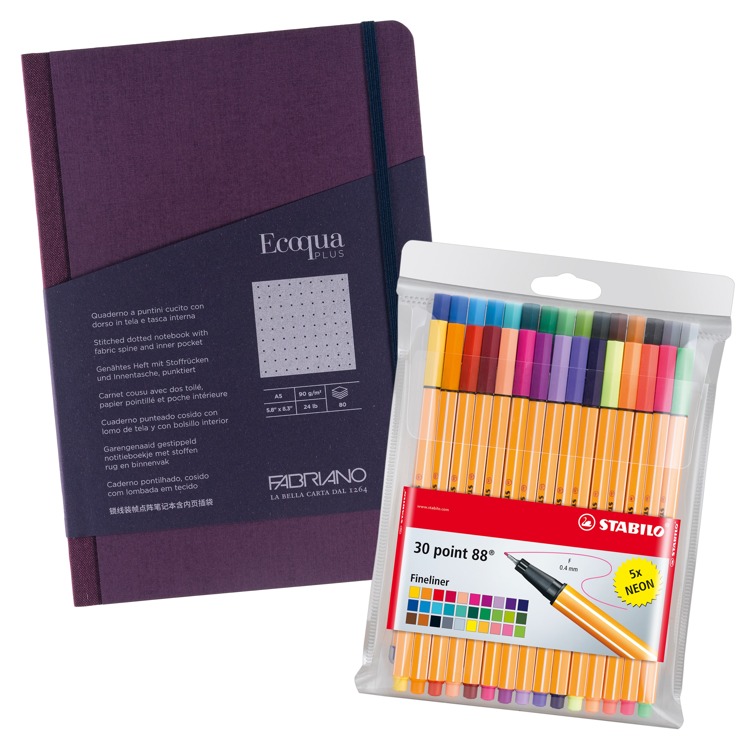 Fabriano Ecoqua Plus Fabric-Bound Ntbk, 5.8" x 8.3" and STABILO point 88 30-CL Bundle