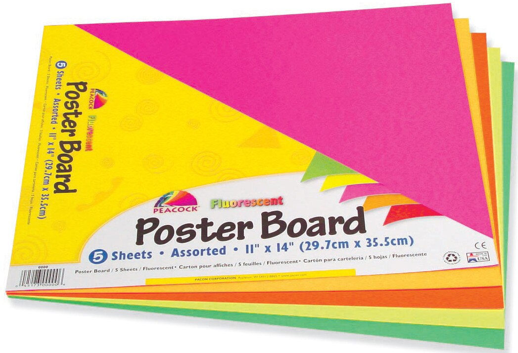Pacon Poster Board 5-Sheet Pack, 11" x 15", Assorted Fluorescent