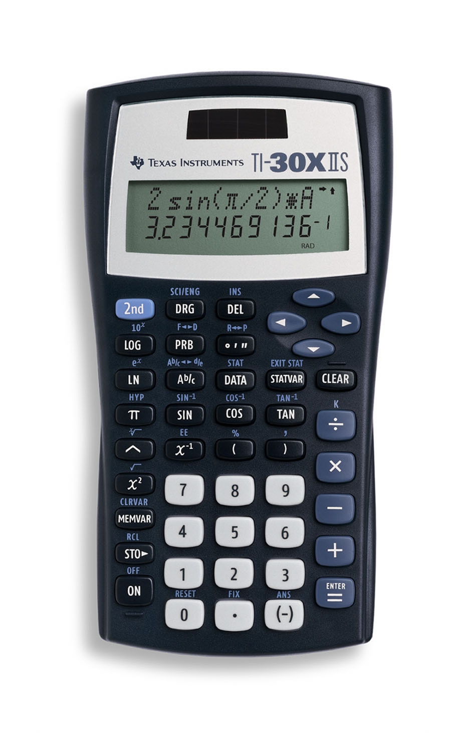 Scientific calculator with equation recall combines statistics and advanced scientific functions. Two-line display shows entries on the top line and results on the bottom line. Entry line on the top of the display shows up to 11 characters and can sc