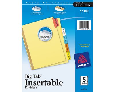 Avery Big Tab Insertable Dividers Buff Paper 5Tab Set Assorted Colors