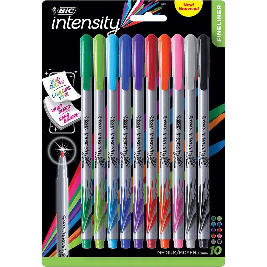 BIC Intensity Fineliner Marker Pens Medium Point 1.0mm Assorted Colors 10Pack