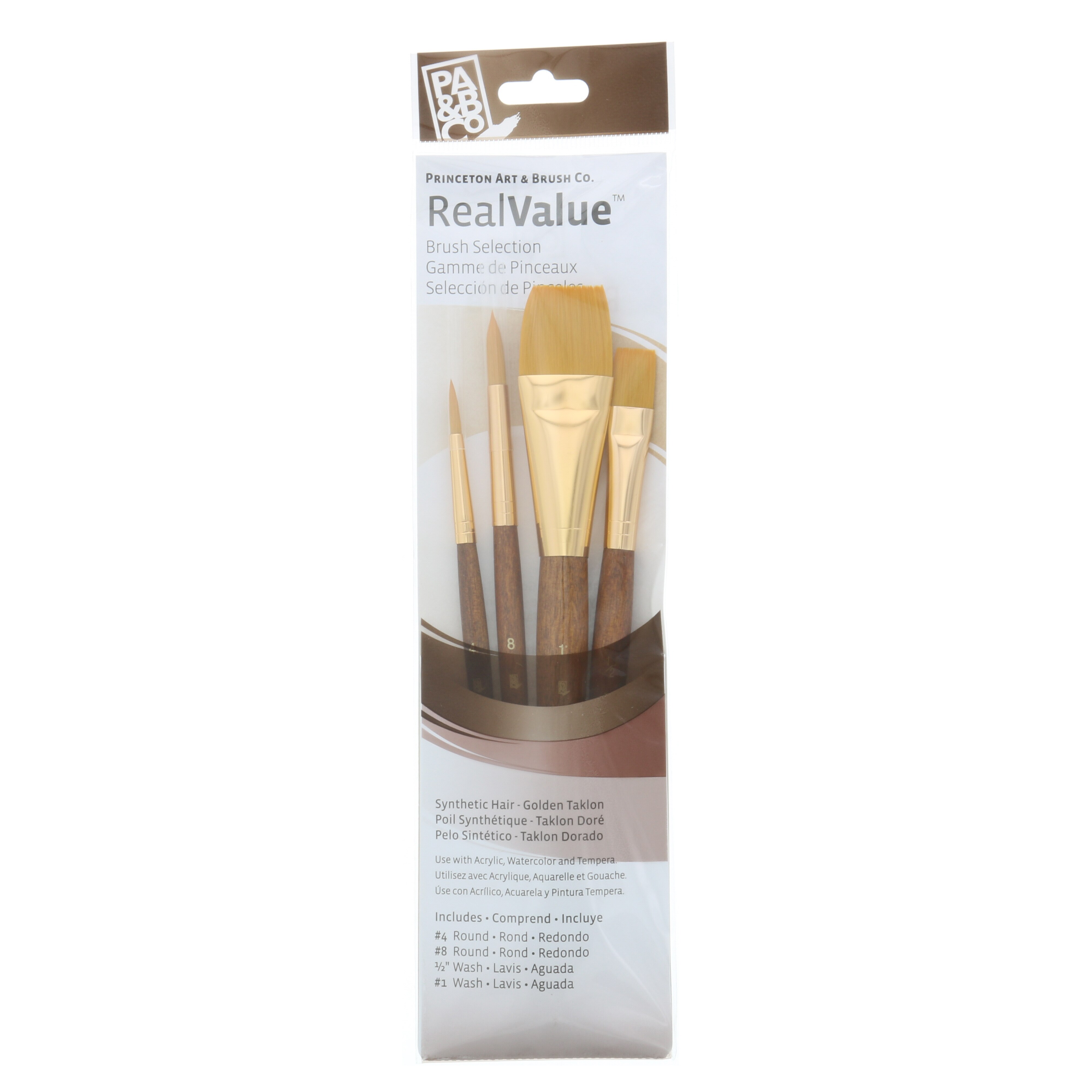 Princeton Brush Real Value 4-Brush Golden Taklon Brush Set, Round 4, 8, Wash 1/2, 1