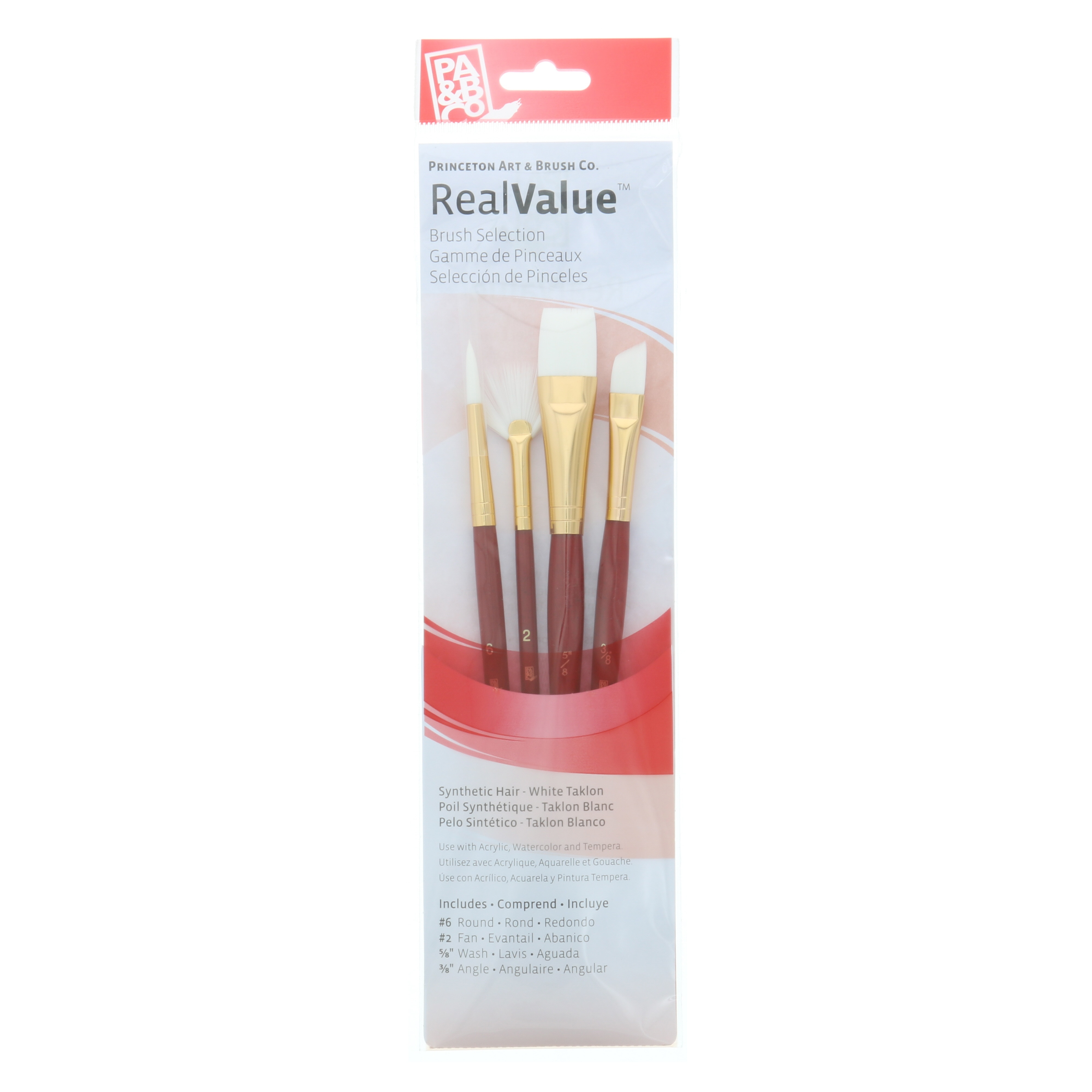 Princeton Brush Real Value 4-Brush White Taklon Brush Set, Round 6, Fan 2, Wash 5/8, Angle 3/8