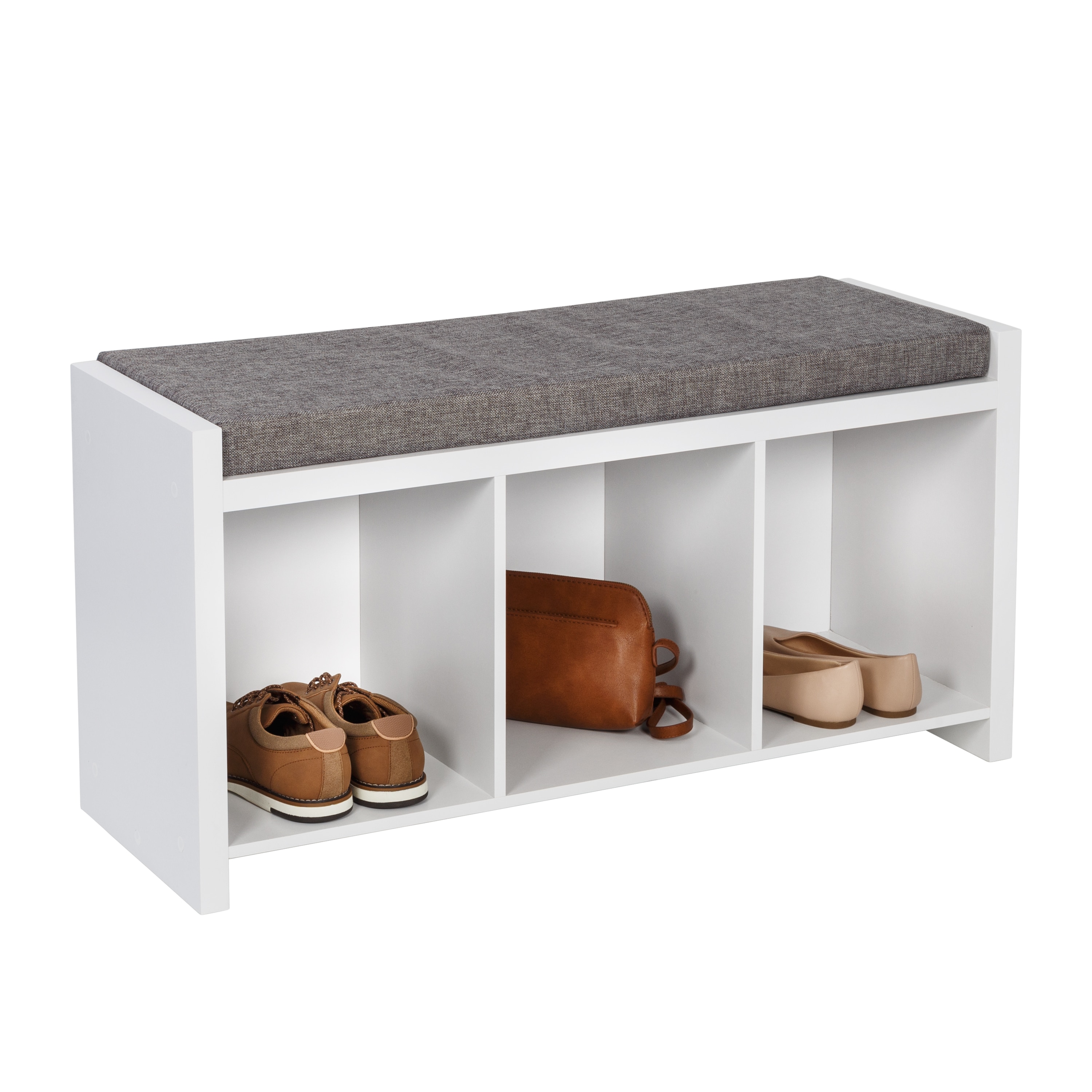 White 3-Cubby Shoe Organizer Bench with Cushion
