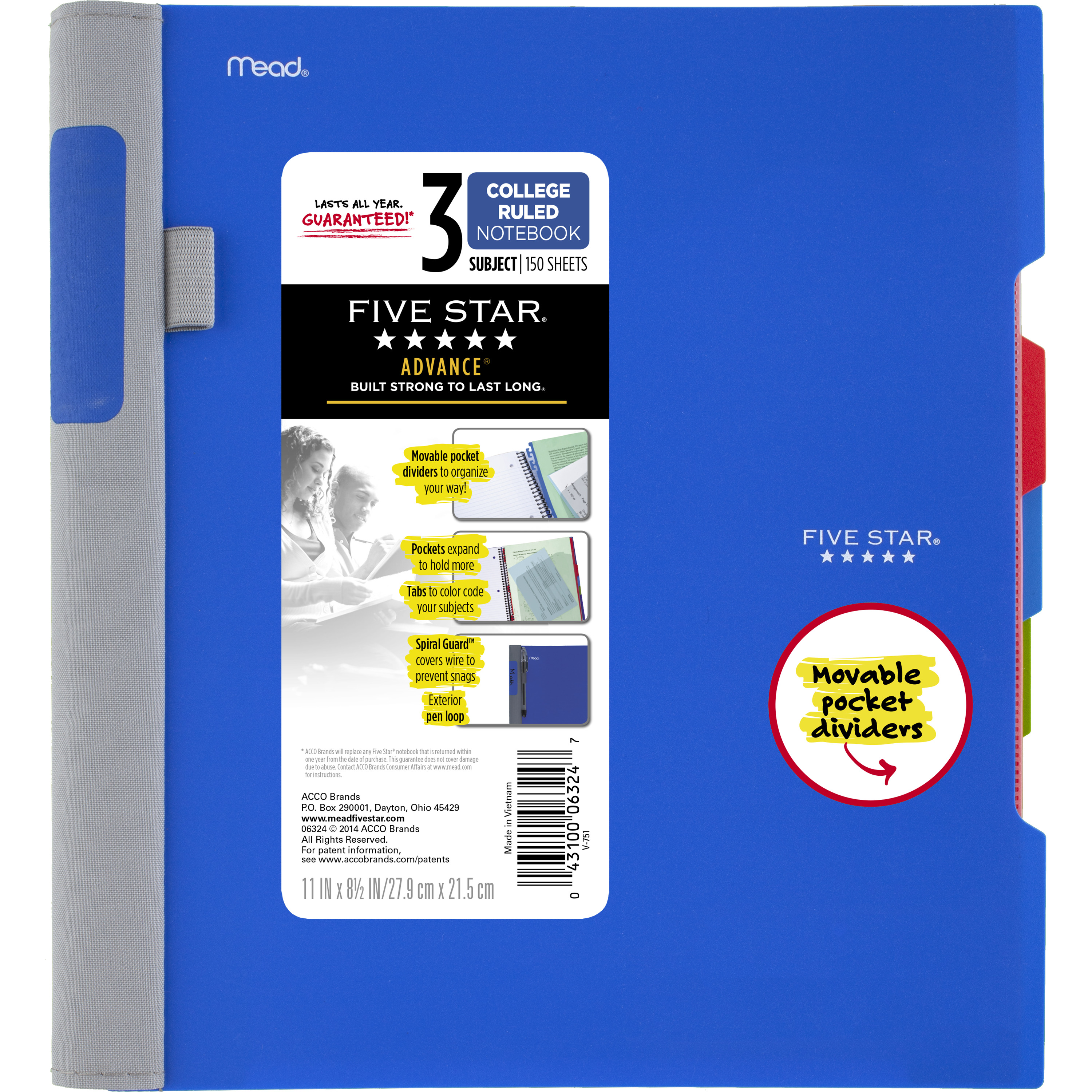 Five Star Wirebound Notebook, 5-Subject, College Ruled - 200 Sheets -  Assorted Cover Colors 