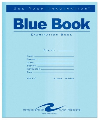Test Blue Exam Book, Wide Ruled with Margin, 8.5" x 7" 8 Sheets/16 Pages, Blue Cover