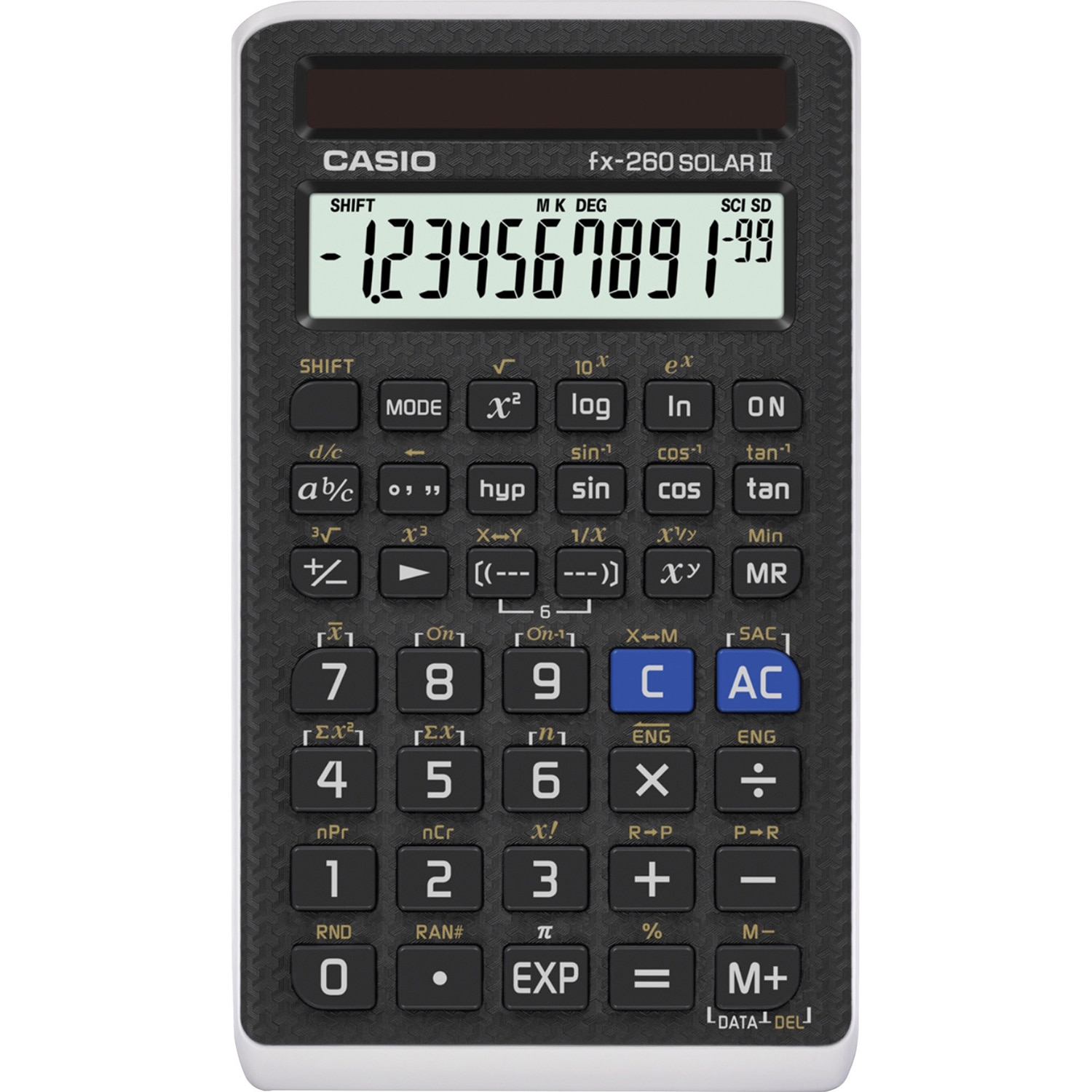 All purpose Scientific Calculator offers fraction calculations, trigonometric functions and more. Includes a slide-on hard case and it is solar powered.