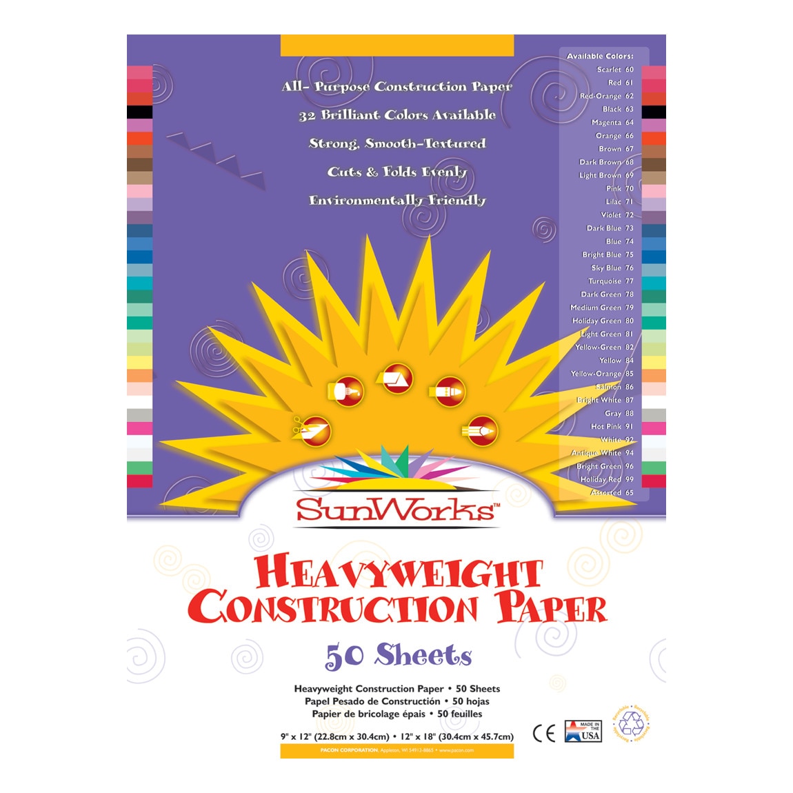Pacon SunWorks Construction Paper, 50 Sheets, 9" x 12", Assorted Colors