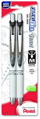 EnerGel Pearl Retractable Liquid Gel Pen, 0.7mm Metal Tip, Medium Line, Black Accent, Black Ink 2-Pk
