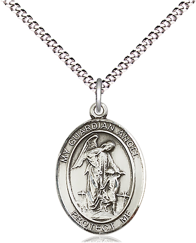 Sterling Silver Guardian Angel Pendant on an 18-inch Light Rhodium Light Curb Chain.  Handmade in the USA